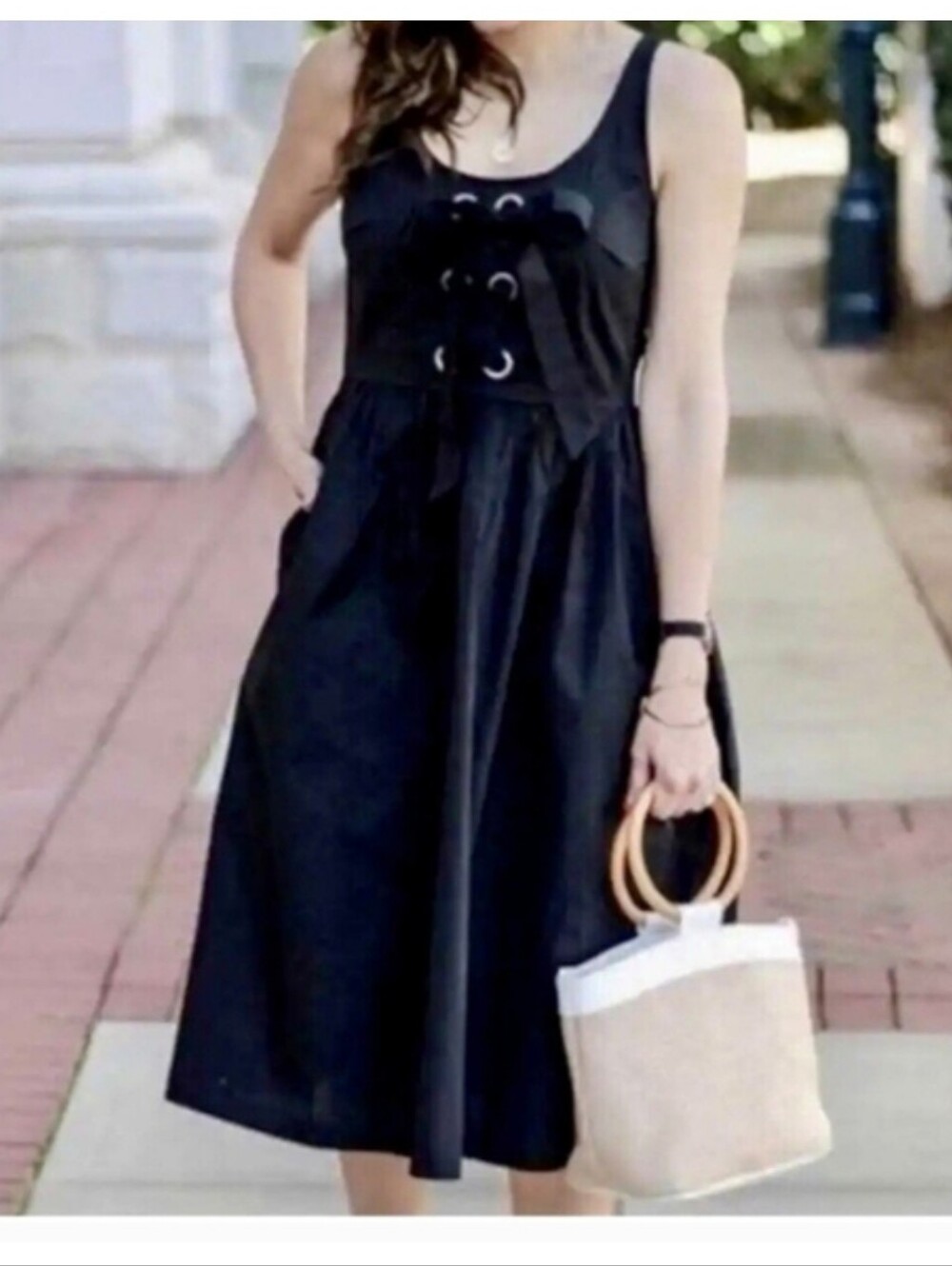 Who What Wear Grommet Black Lace-Up Midi Dress